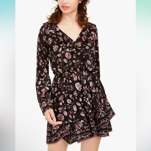 American Rag black pink floral ruffle boho mini dress Size XS